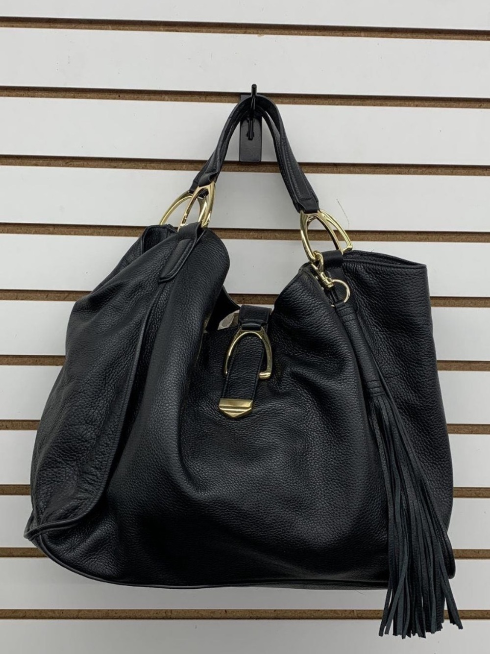 Black Leather Large Hobo Shoulder Bag with Gold Accents